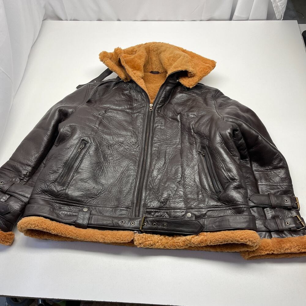 Men Aviator Leather Double Collar Jacket Coat Bomber Brown (see measurements)